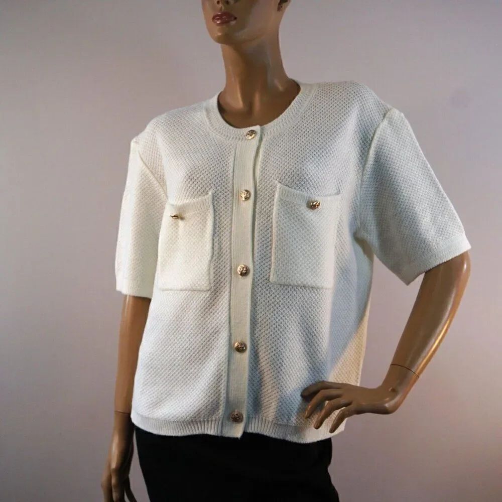 Pretty Garden Ivory Cardigan Sz XL Short Sleeve Golden Buttons New No Tags